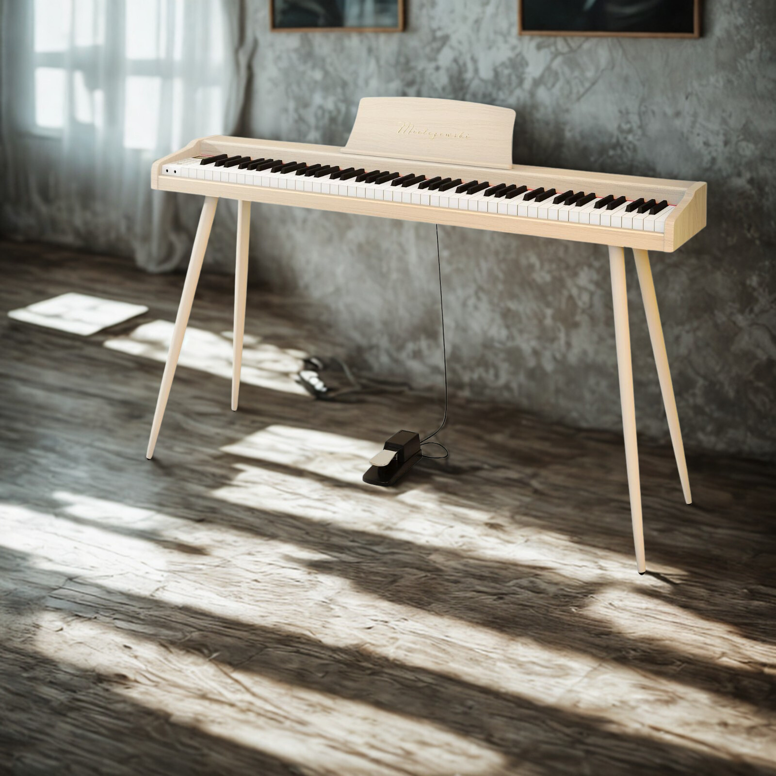 Pianino VIRELAI beżowe – elegancka obudowa z nogami i pedałem sustain